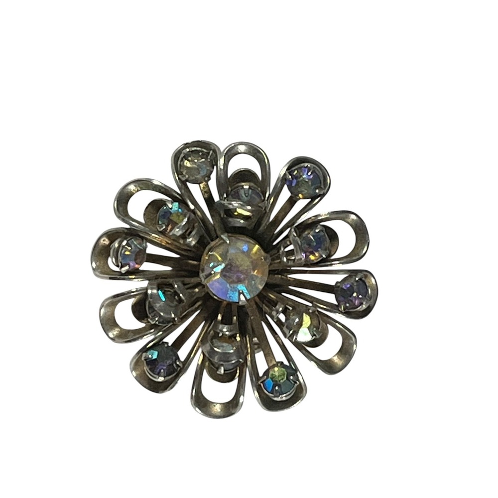 Vintage 1950s Aurora Borealis Rhinestone Flower Brooch Gold Tone 3D Domed Pin